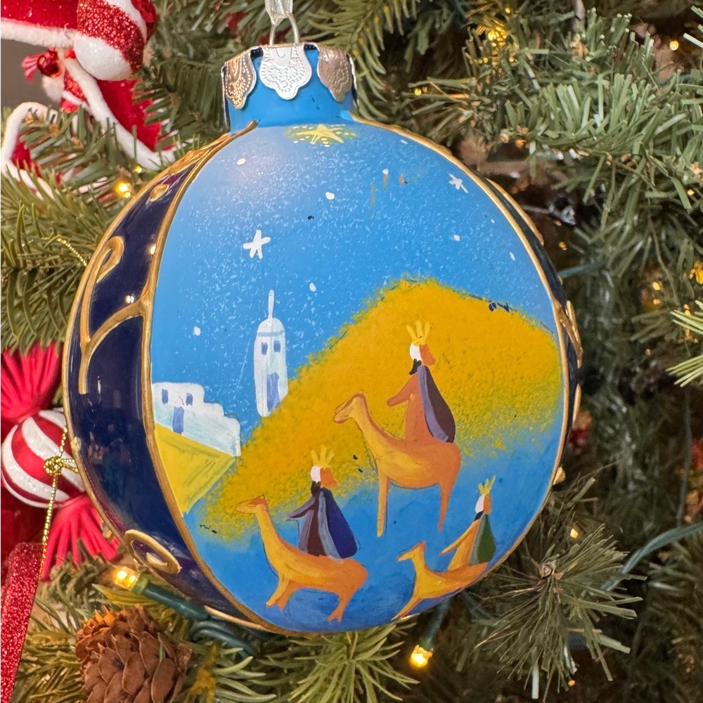 Hand Paint Christmas Glass Ornament Three‎ Wise Men Nativity Blue Bethlehem OOAK